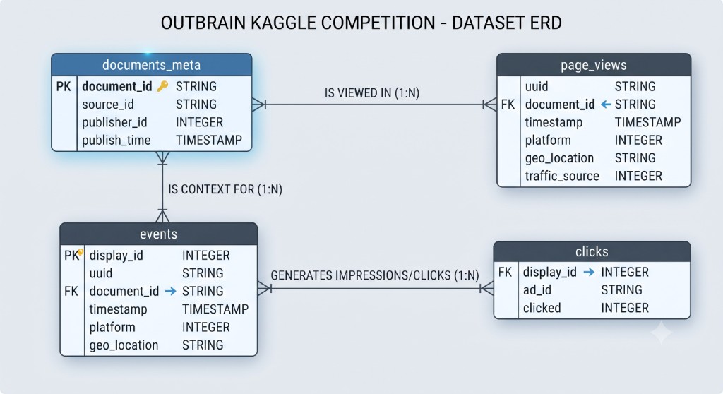 Entity-relationship diagram for the Outbrain Kaggle competition dataset: documents_meta, page_views, events, and clicks